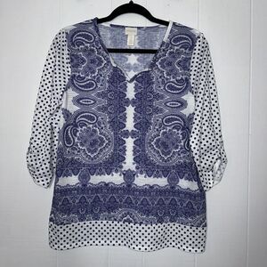 Chico’s Women’s Paisley Polkadot Top White Blue Size 0 Small